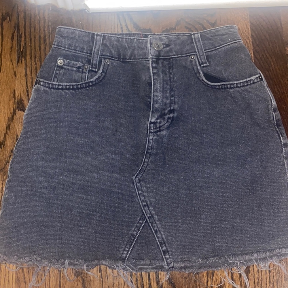 black denim distressed mini skirt